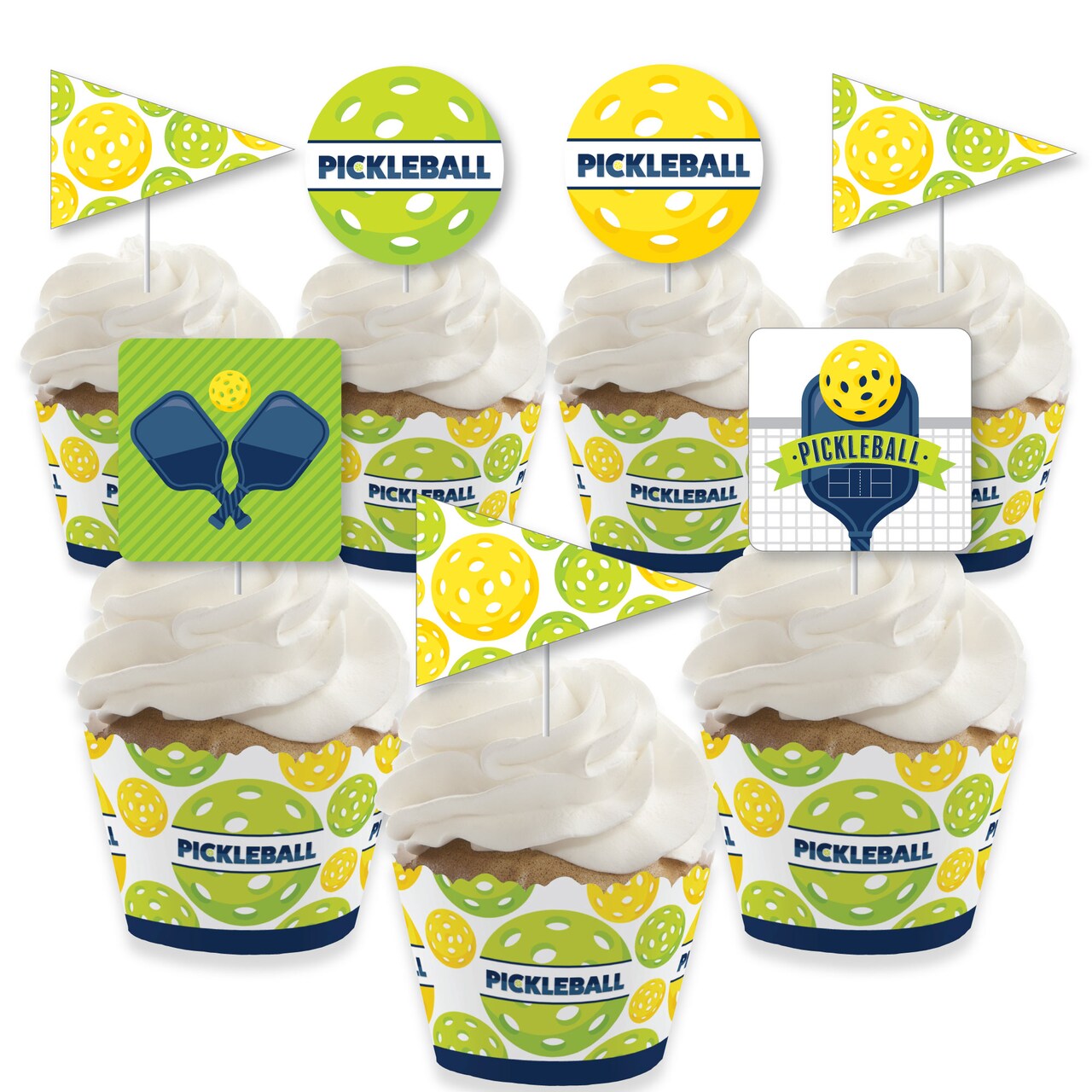 Big Dot of Happiness Let’s Rally - Pickleball - Cupcake Decoration - Birthday or Retirement Party Cupcake Wrappers and Treat Picks Kit - Set of 24